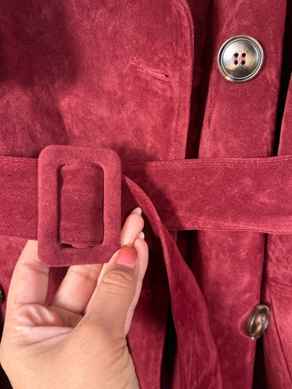 Commense Belted Double-Breasted Suede Effect Long Trench Coat - Picture 11 of 13